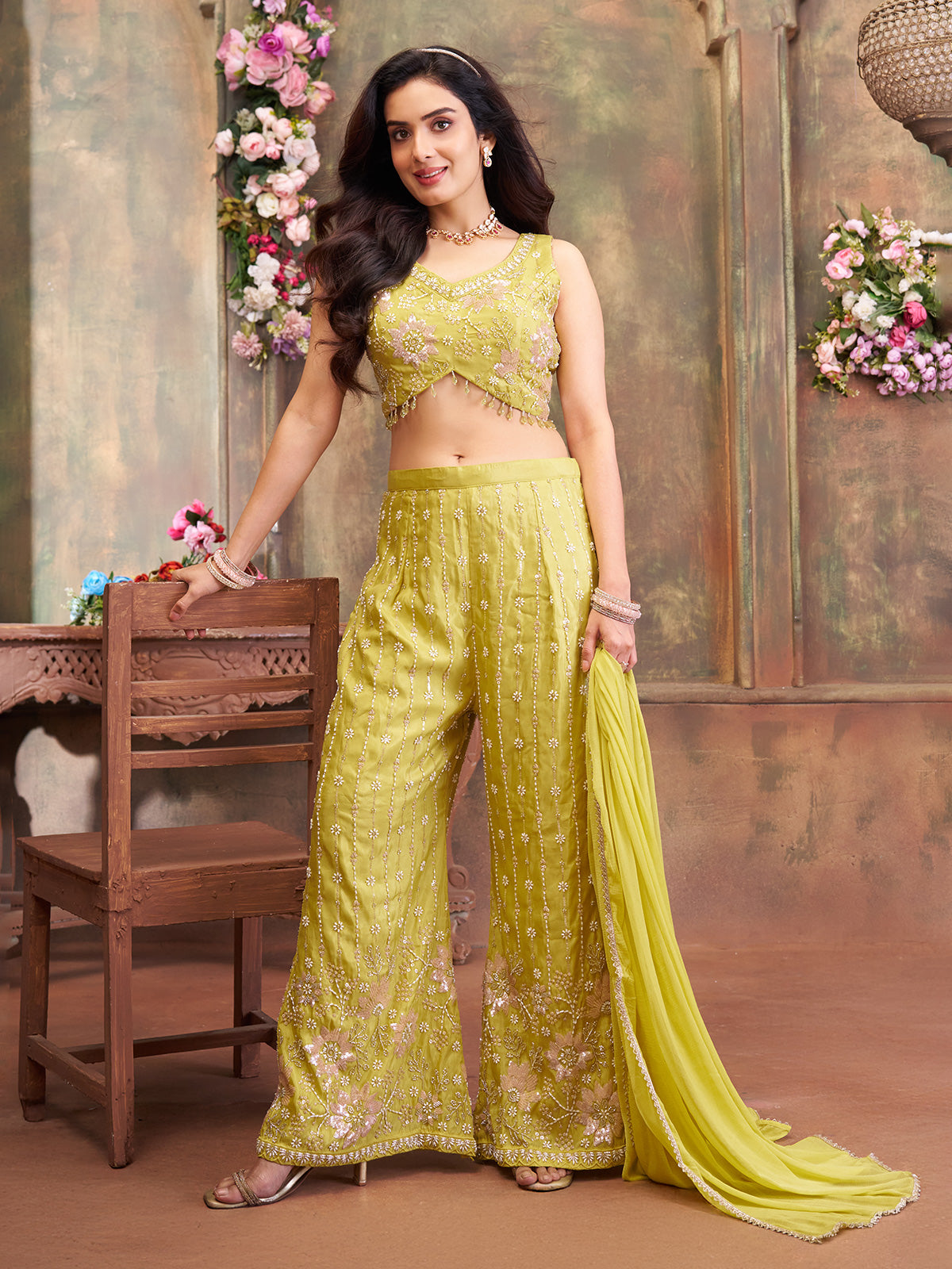 Liril green silk palazzo suit with tassel detailing