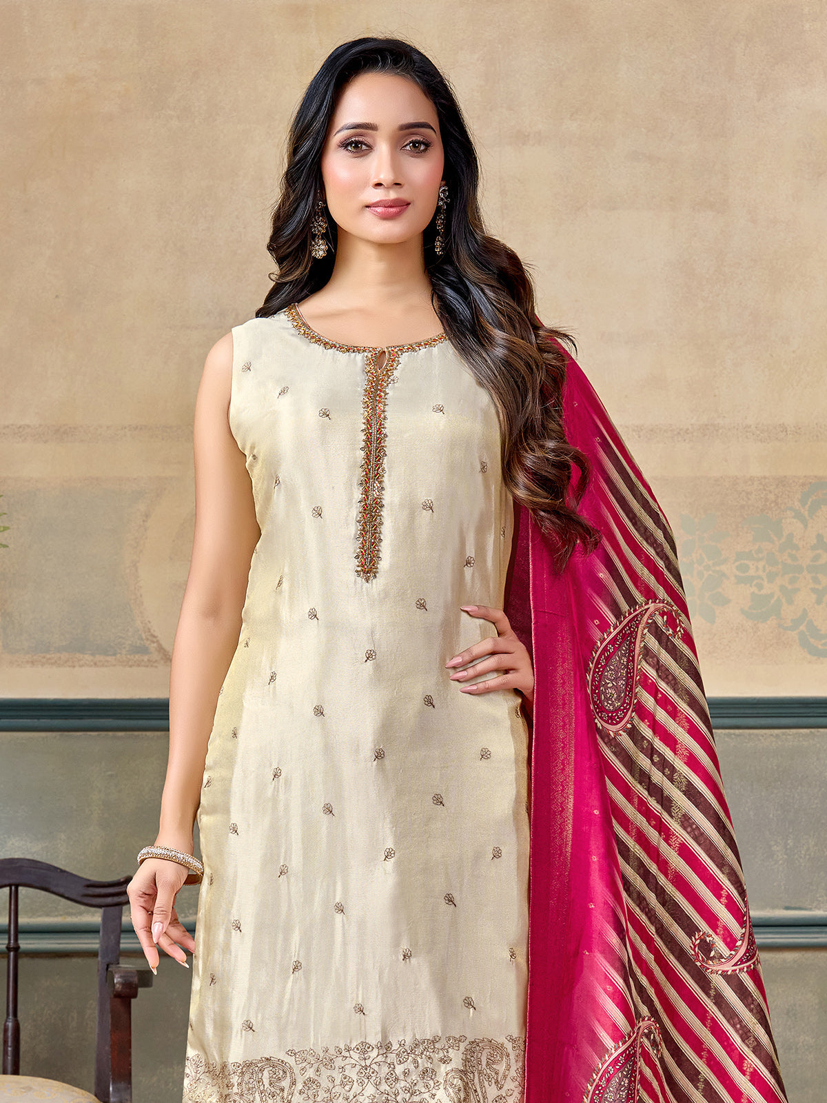 Cream silk straight salwar suit with designer embellishments
