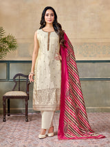 Cream silk straight salwar suit with designer embellishments