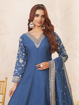 Blue silk anarkali suit with flowing elegance