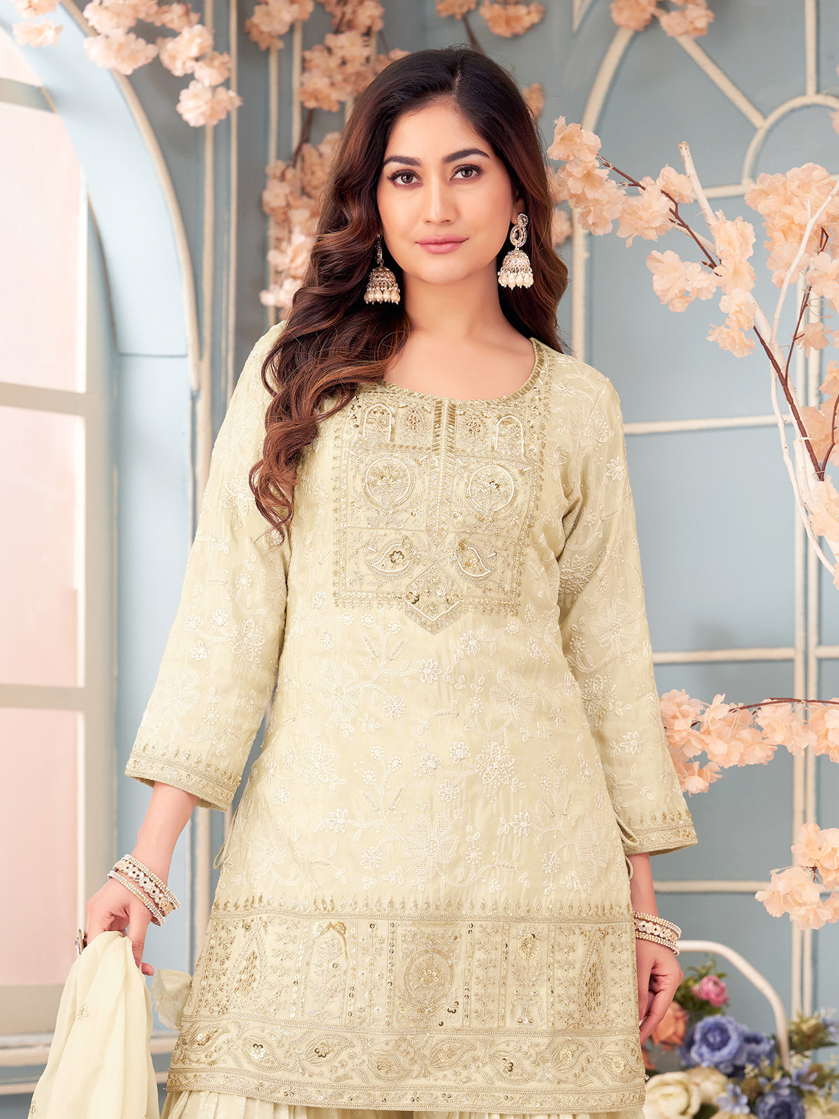 Cream silk sharara suit with yoke style detailing