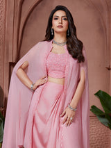 Pink satin crepe silk indowestern suit with designer shrug