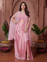 Pink satin crepe silk indowestern suit with designer shrug