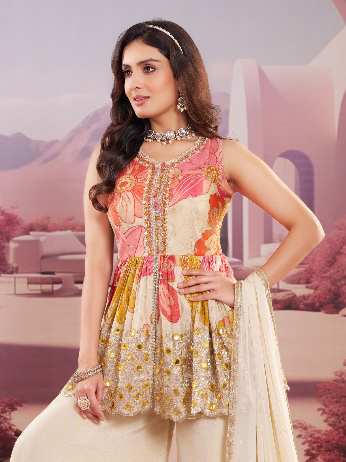 Cream silk palazzo suit with mirror and embroidery work