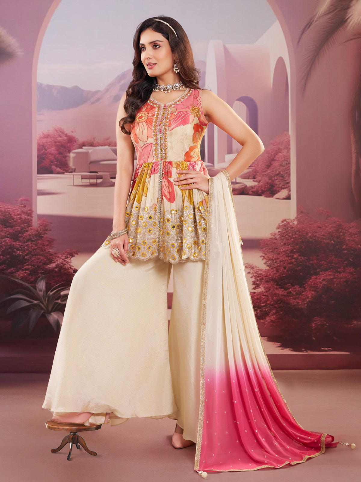 Cream silk palazzo suit with mirror and embroidery work