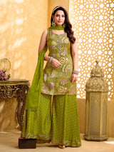 Mehendi green silk palazzo suit with mirror accents