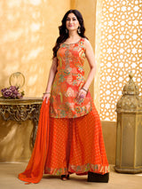 Orange silk palazzo suit with mirror and zari embellishments