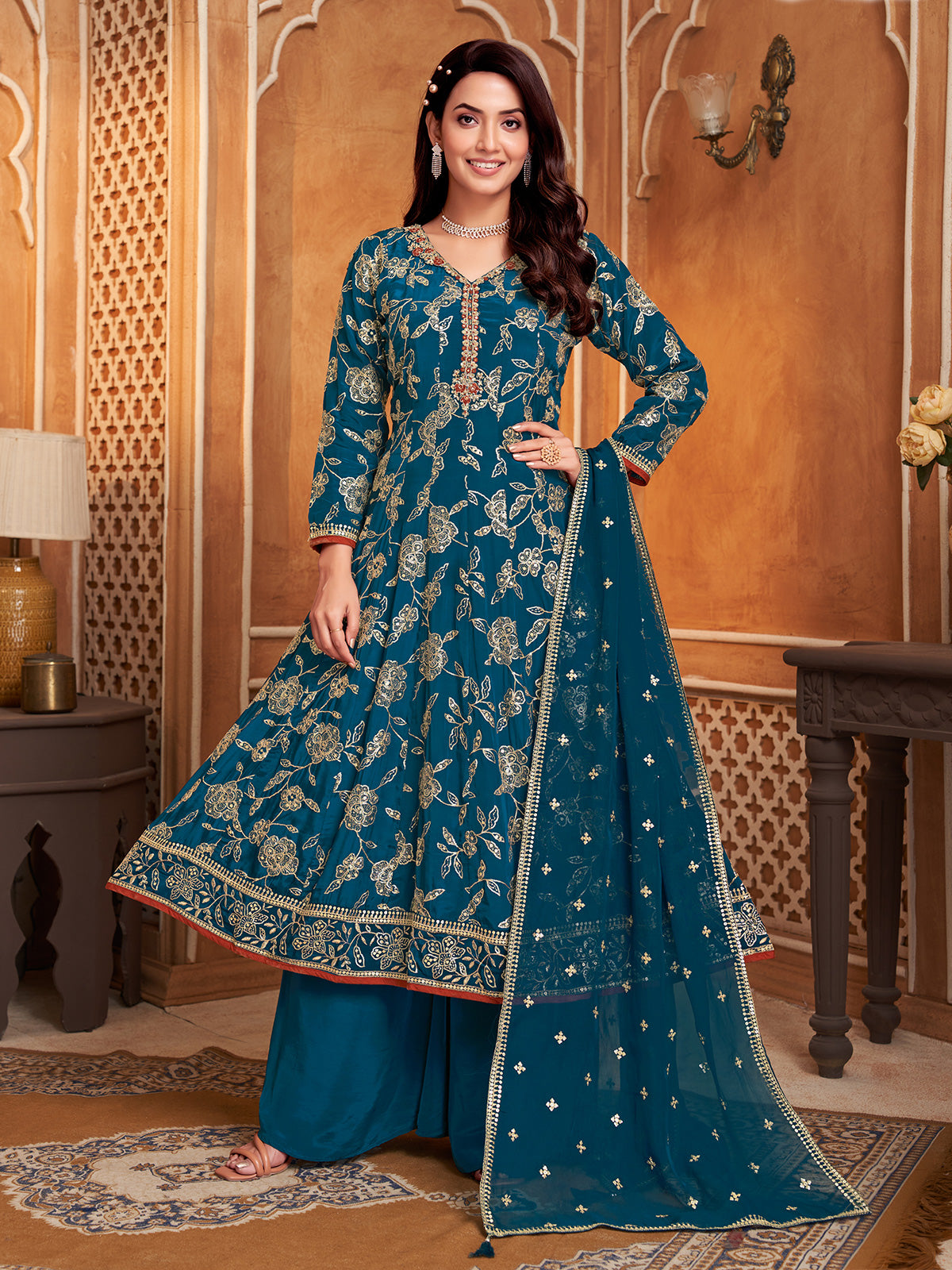 Rama blue silk anarkali palazzo suit with dupatta