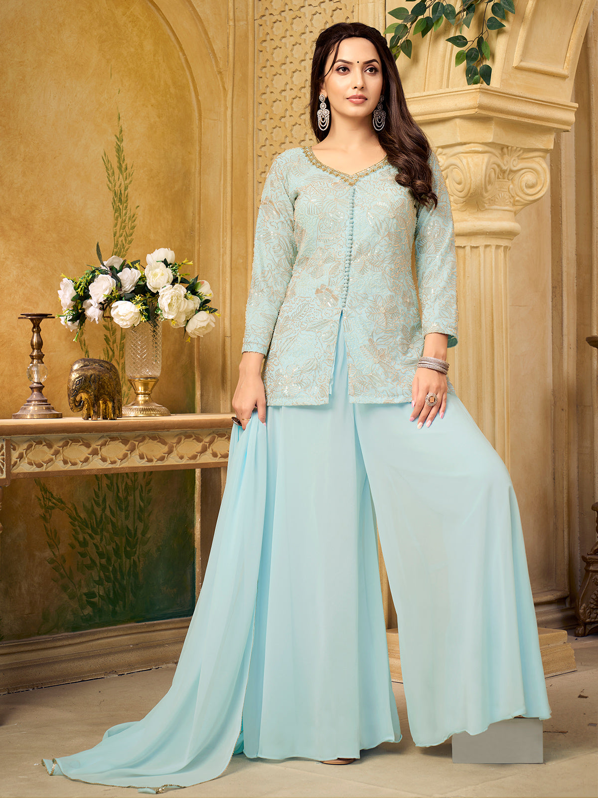 Mint blue georgette palazzo suit with dupatta for festive
