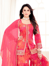 Pink floral printed silk sharara suit with dupatta