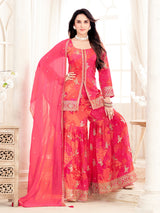 Pink floral printed silk sharara suit with dupatta