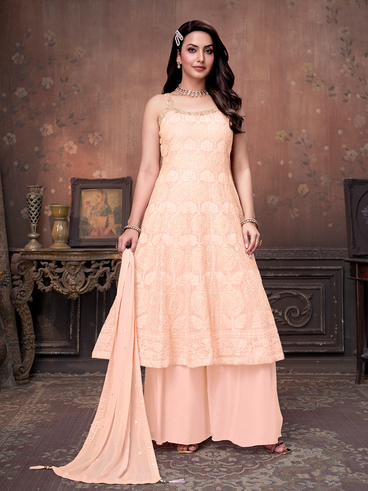 Light peach georgette anarkali palazzo suit with dupatta