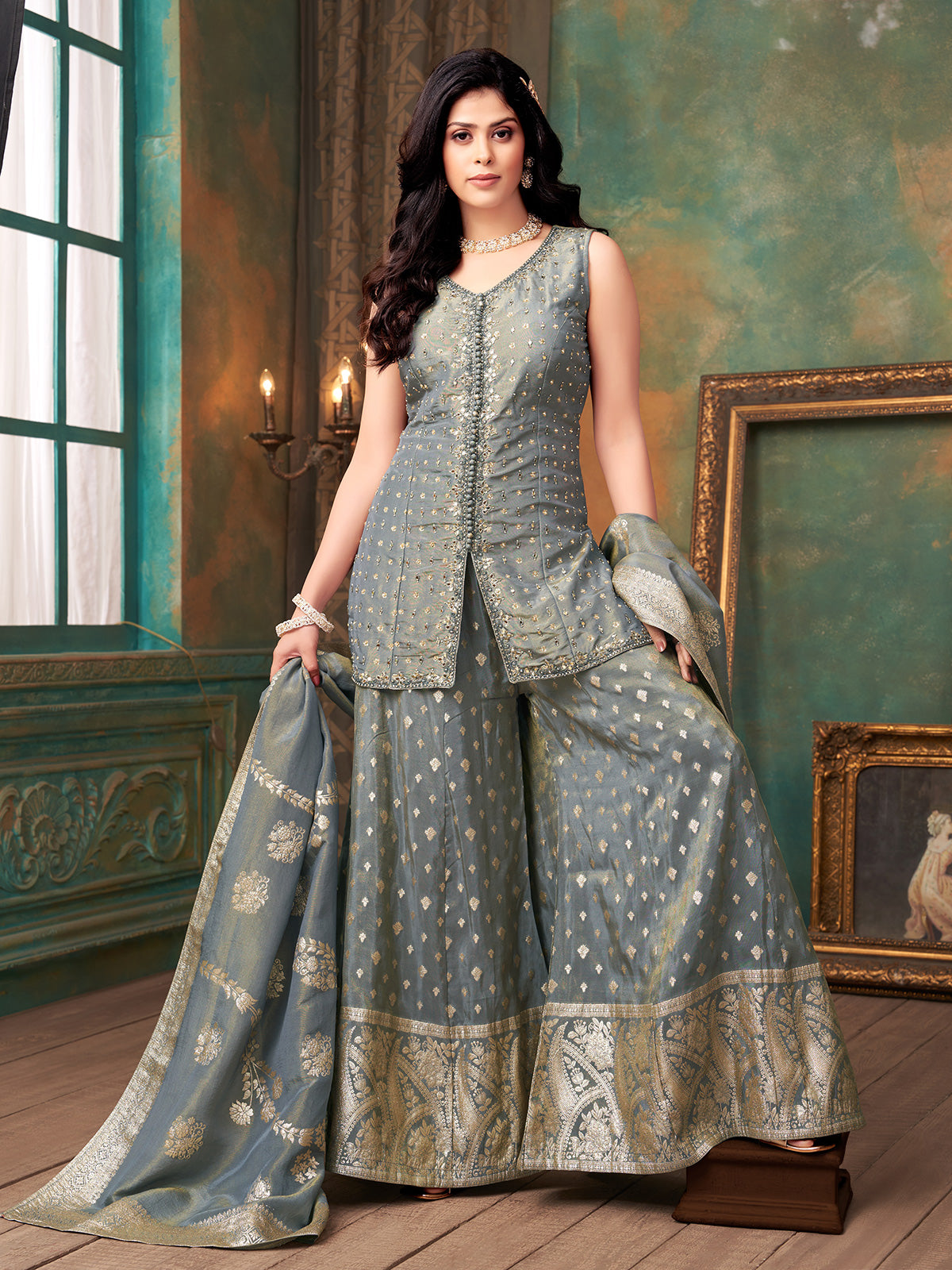 Pastel grey silk palazzo suit with zari butti design