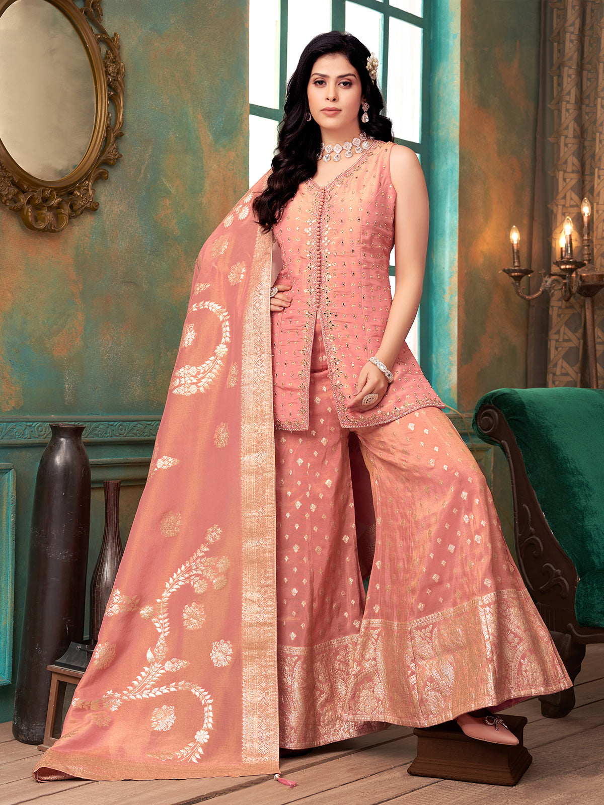Onion pink silk palazzo suit with zari butti work