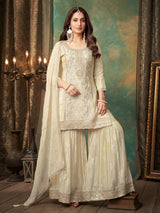 Cream tissue silk sharara suit with zari embellishments