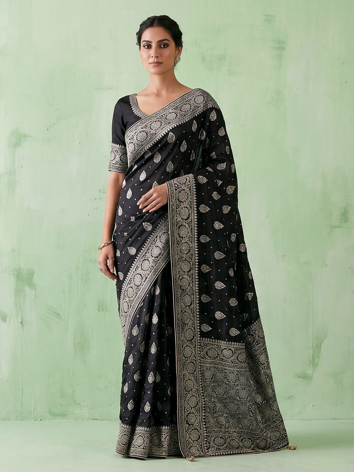 Black dola silk saree with diamond zari butta detailing