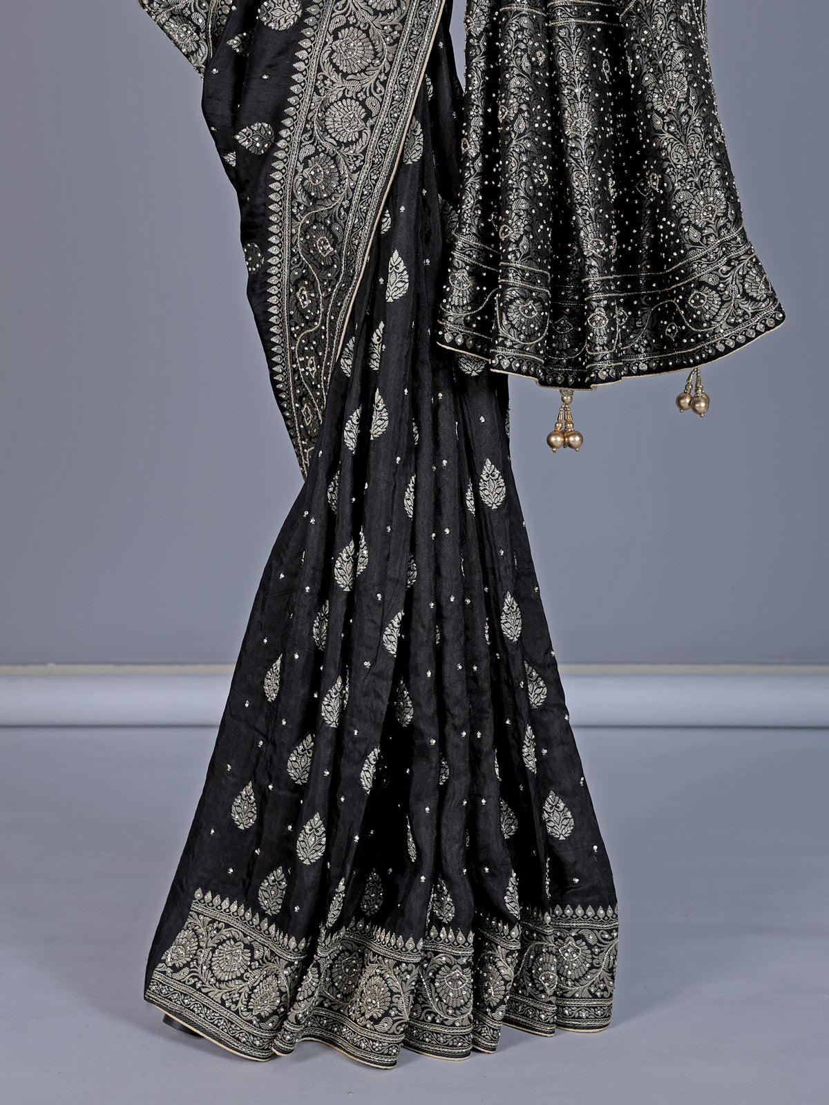 Black dola silk saree with diamond zari butta detailing