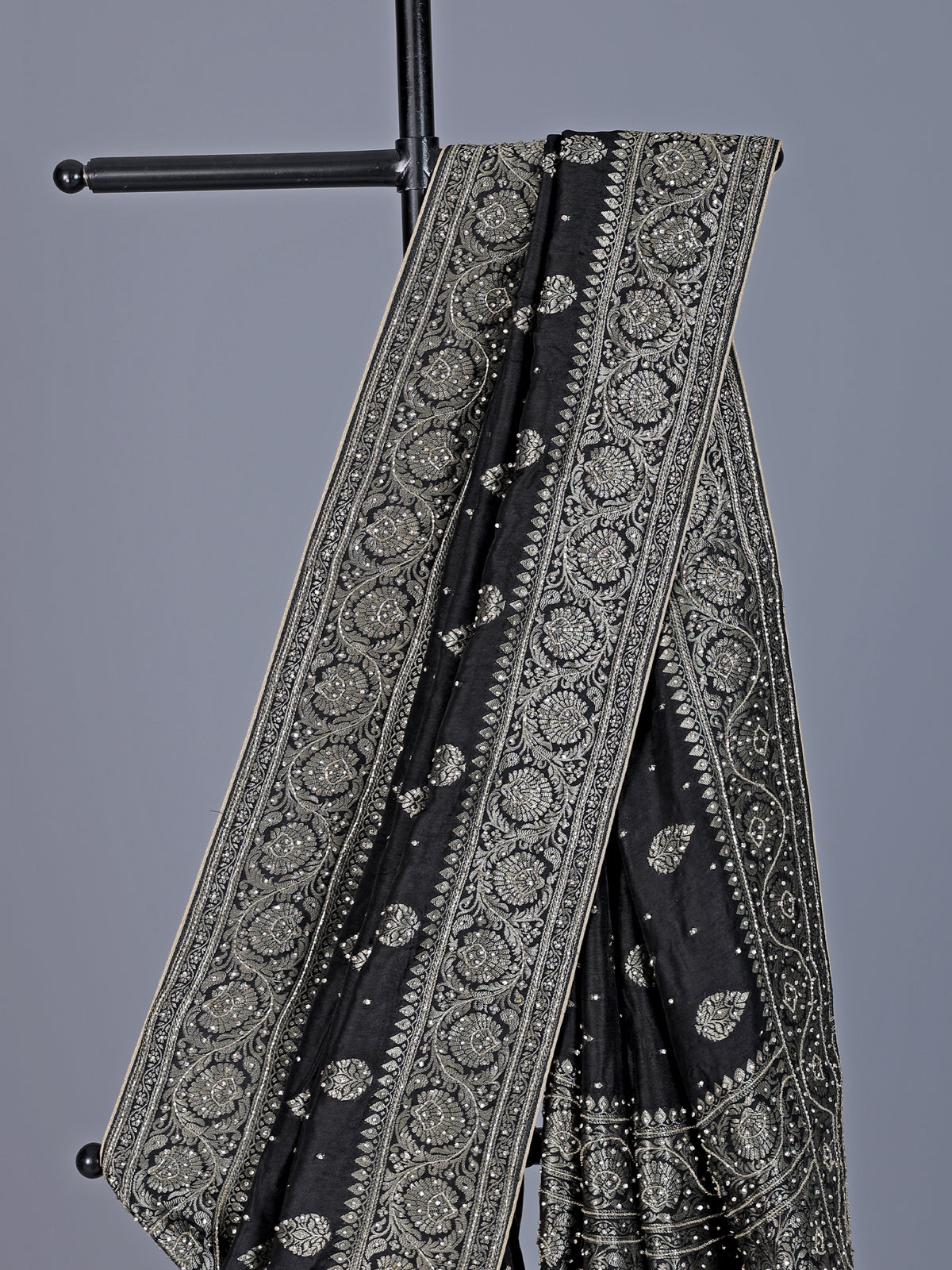 Black dola silk saree with diamond zari butta detailing