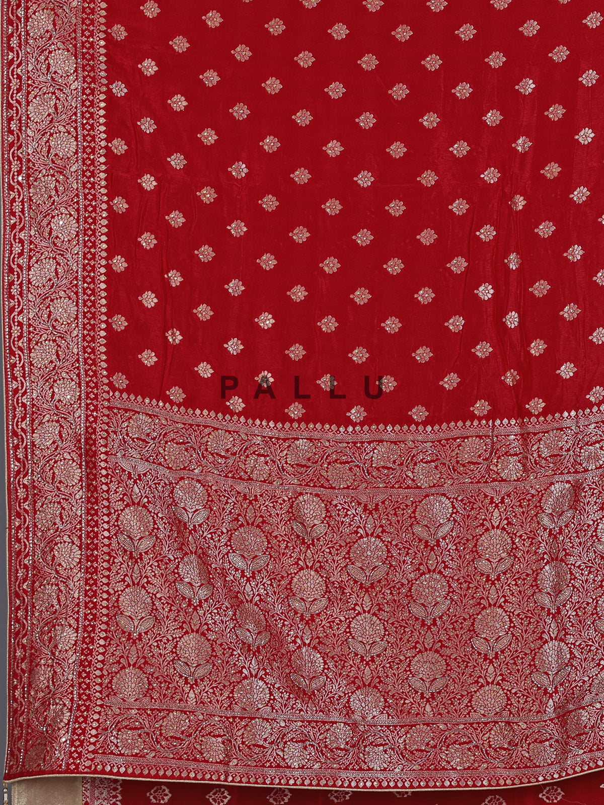 Red dola silk saree with stone zari butti work