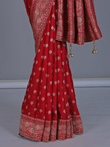 Red dola silk saree with stone zari butti work