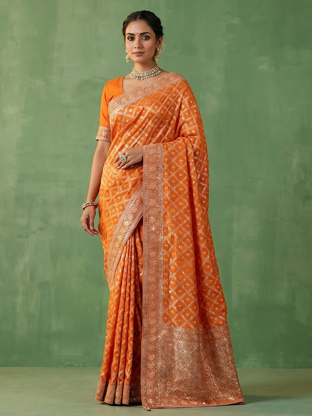 Light orange dola silk saree with zari jal detailing