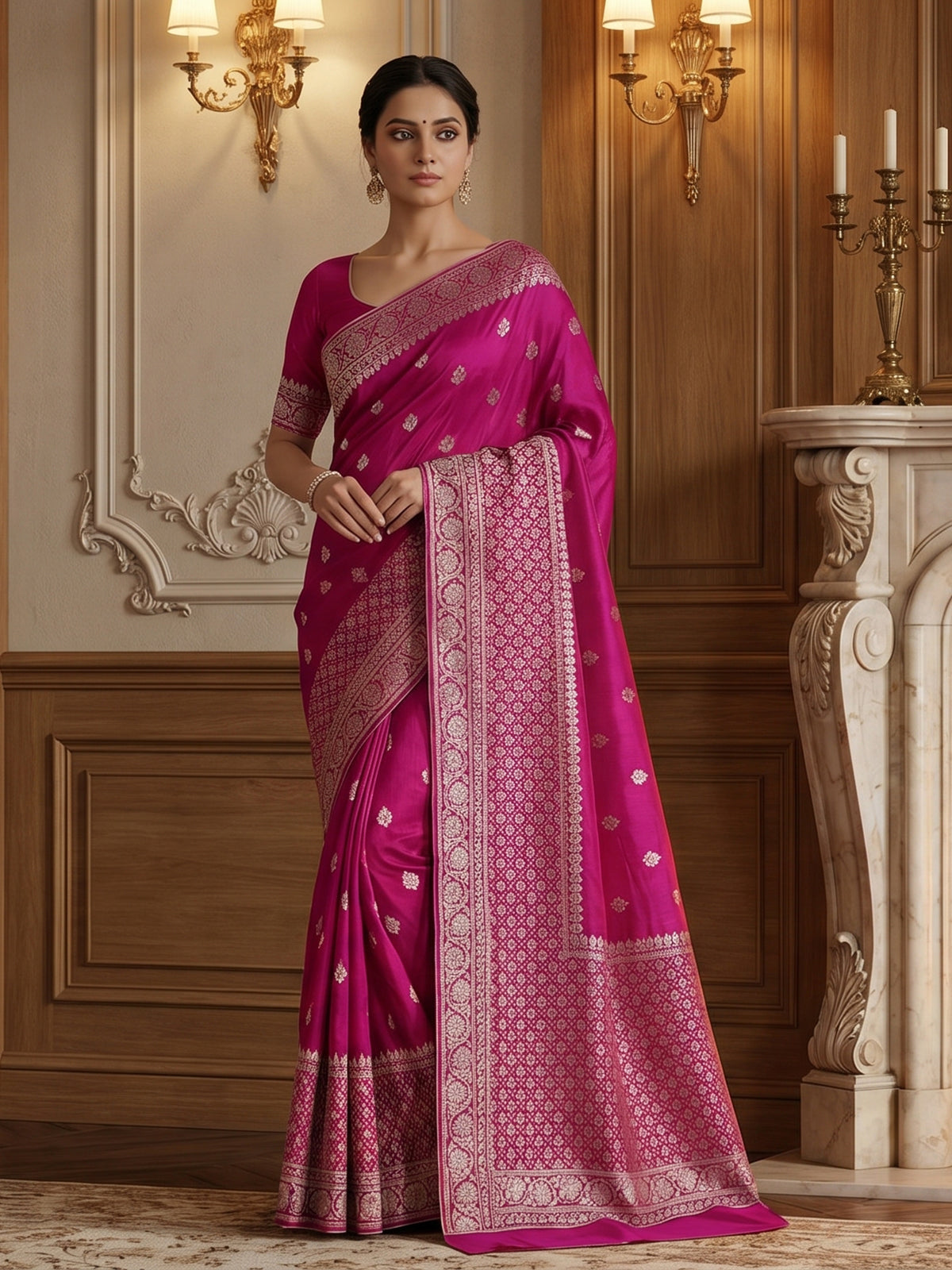 Rani pink dola silk saree with festive zari butti