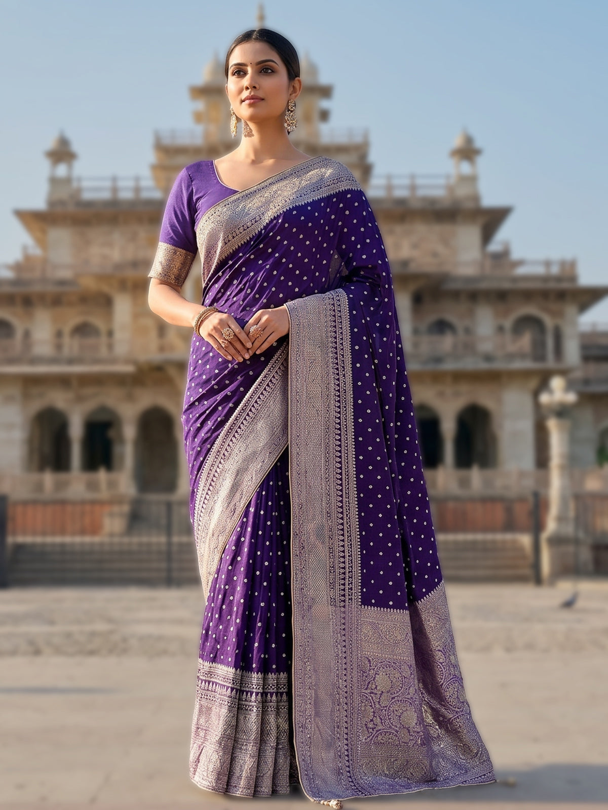 Purple dola silk saree with stone zari butti elegance