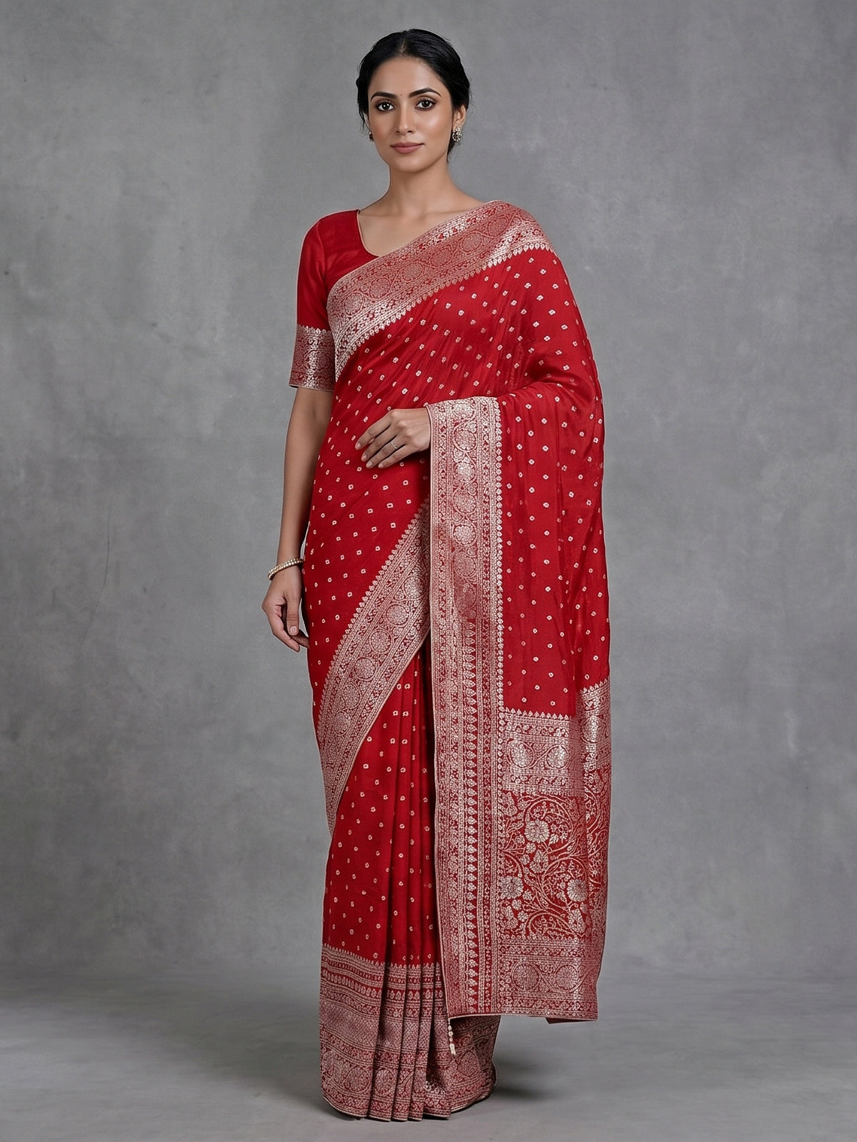 Red dola silk saree with elegant zari butti detailing