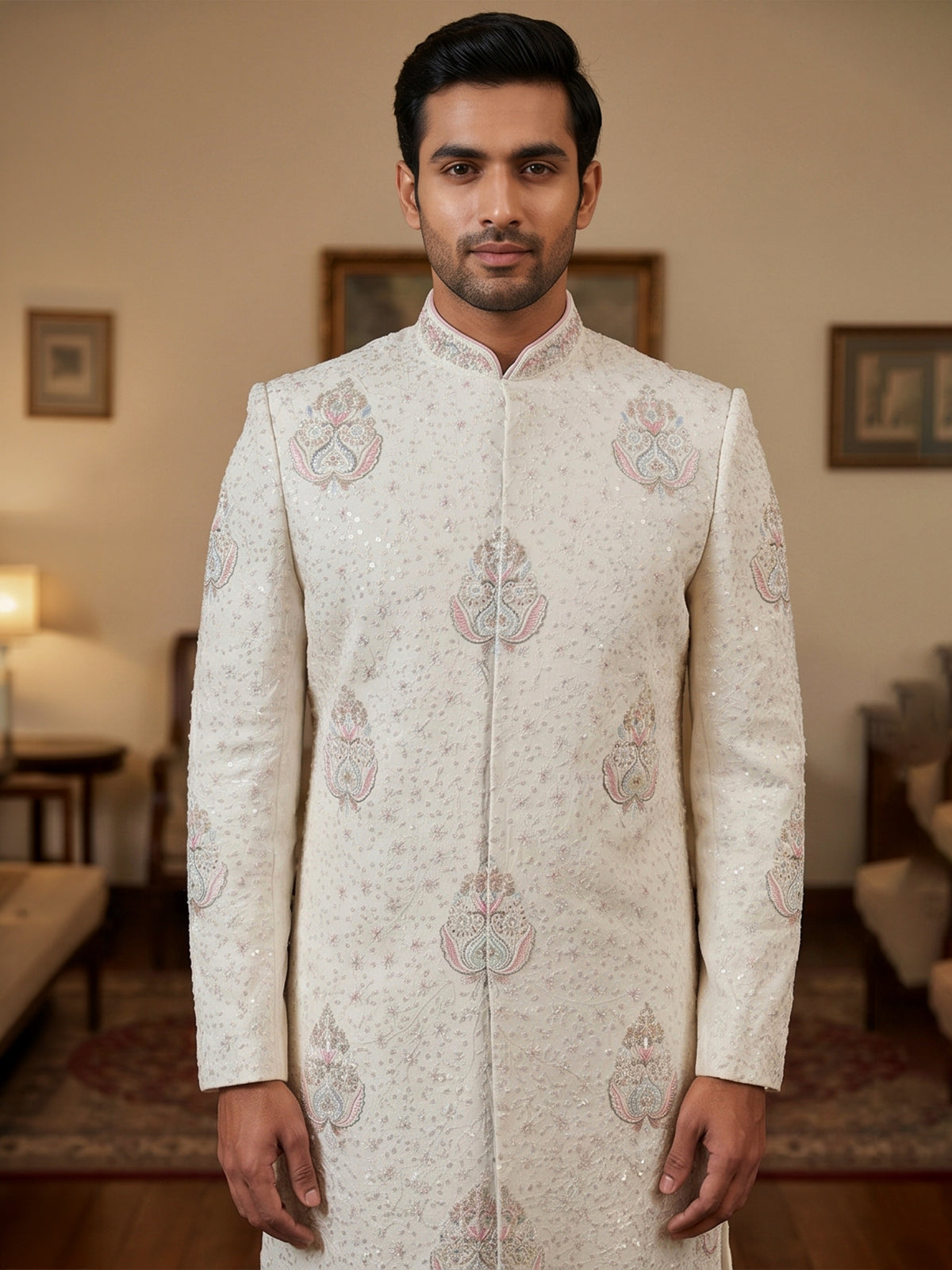 Cream cotton silk embroidered sherwani with regal detailing