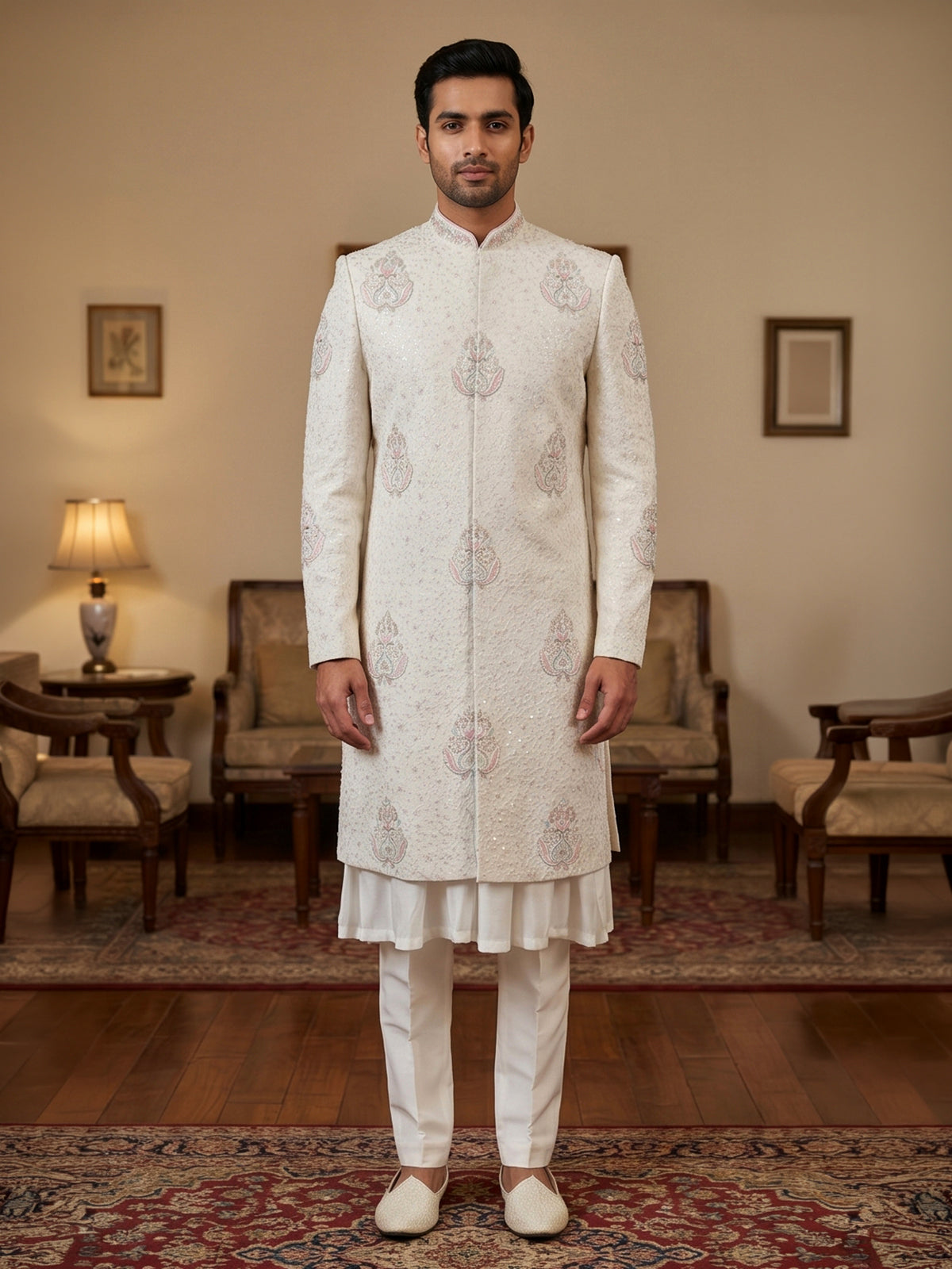 Cream cotton silk embroidered sherwani with regal detailing