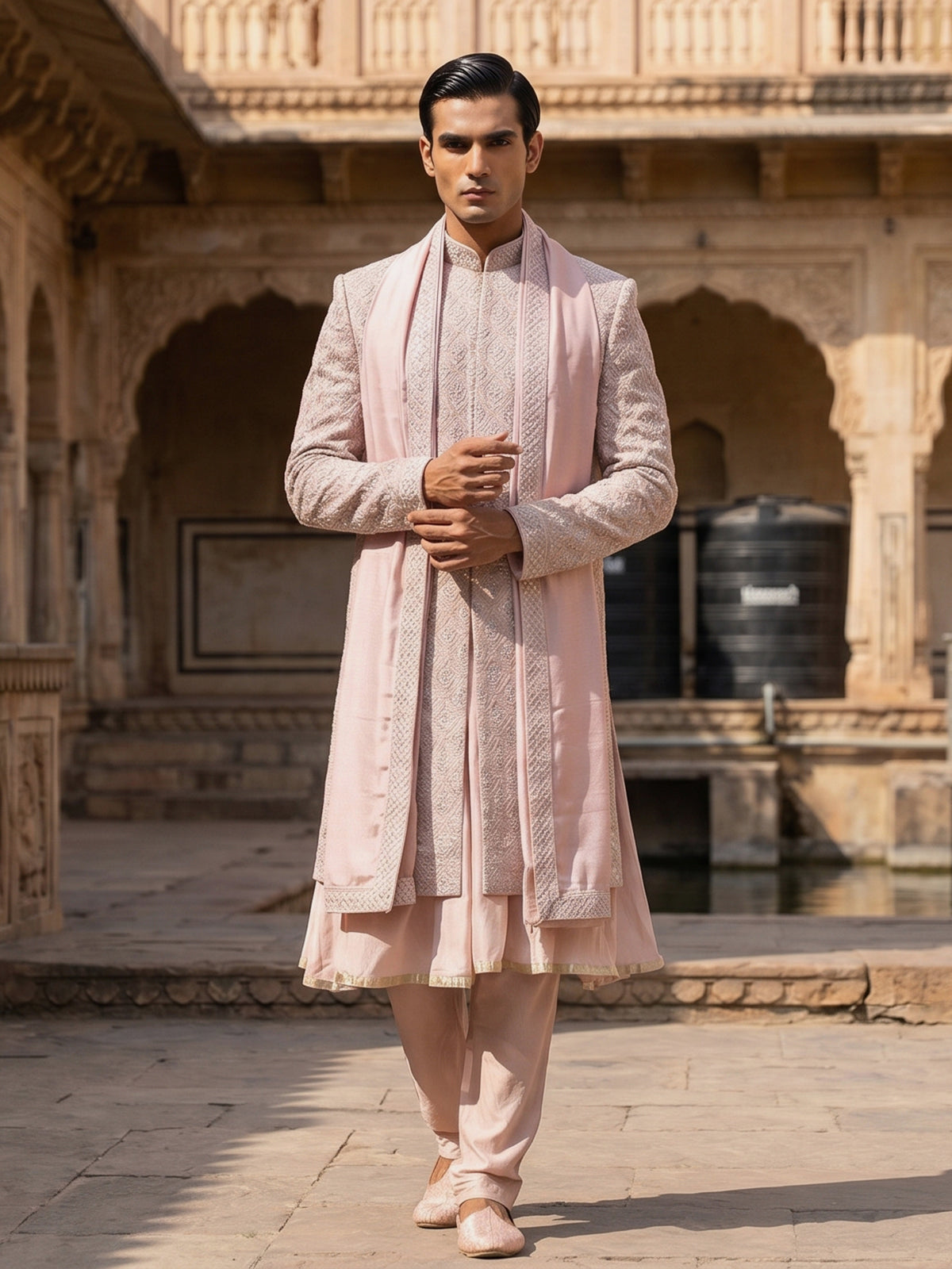 Pink raw silk peshwai style sherwani with dupatta