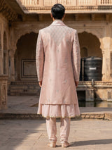 Pink raw silk peshwai style sherwani with dupatta