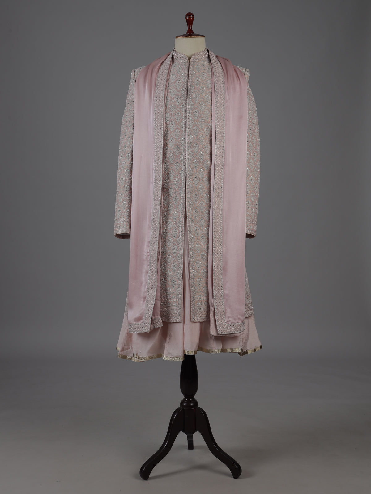 Pink raw silk peshwai style sherwani with dupatta