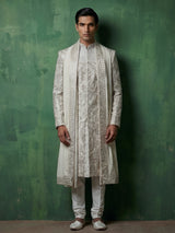 Light grey silk sherwani with elephant motif elegance