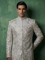 Light grey silk sherwani with elephant motif elegance