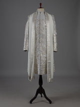 Light grey silk sherwani with elephant motif elegance