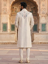 Cream raw silk embellished sherwani with dupatta set