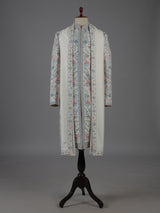 Cream raw silk embellished sherwani with dupatta set