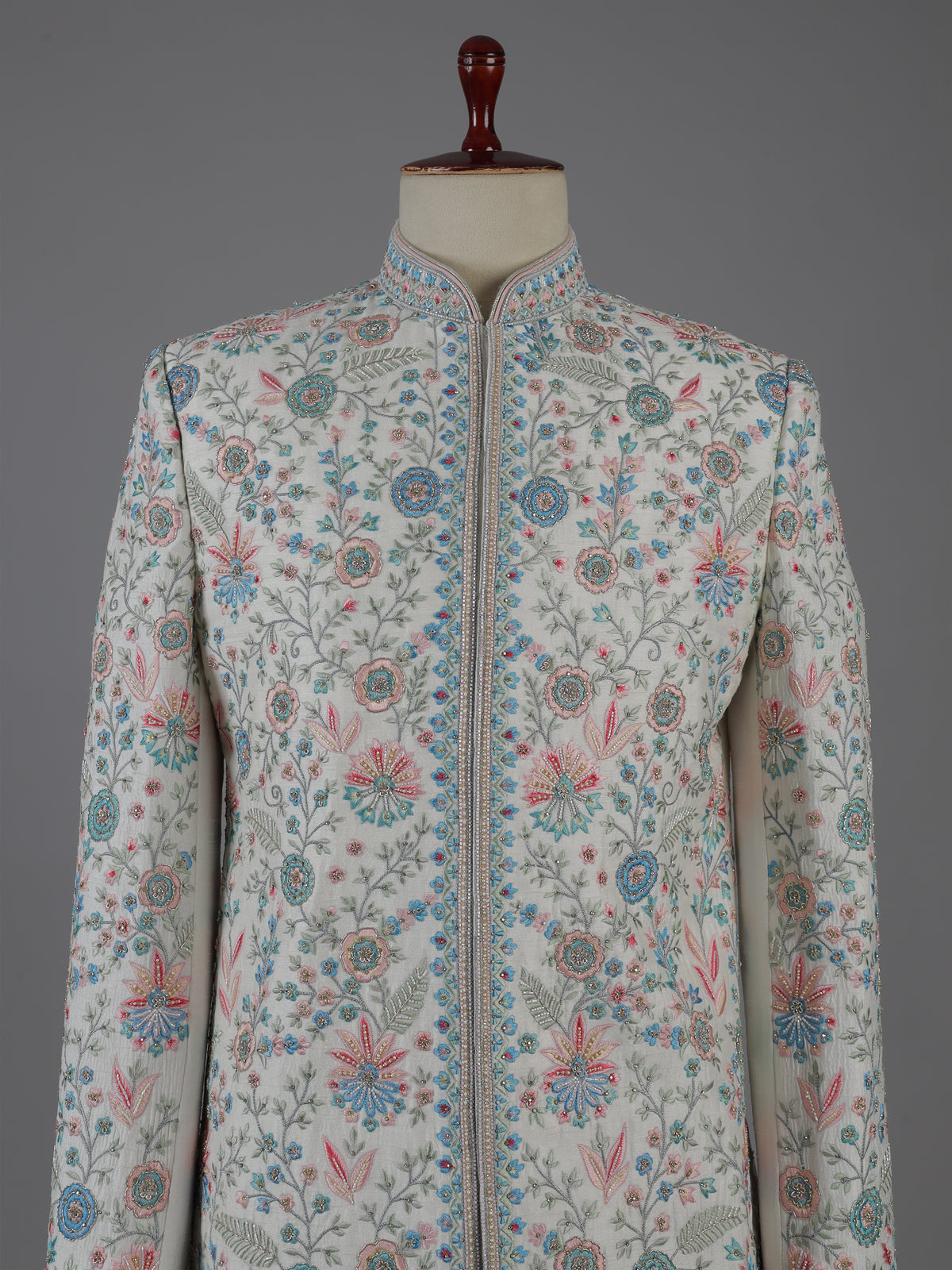 Cream raw silk embellished sherwani with dupatta set