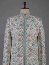 Cream raw silk embellished sherwani with dupatta set