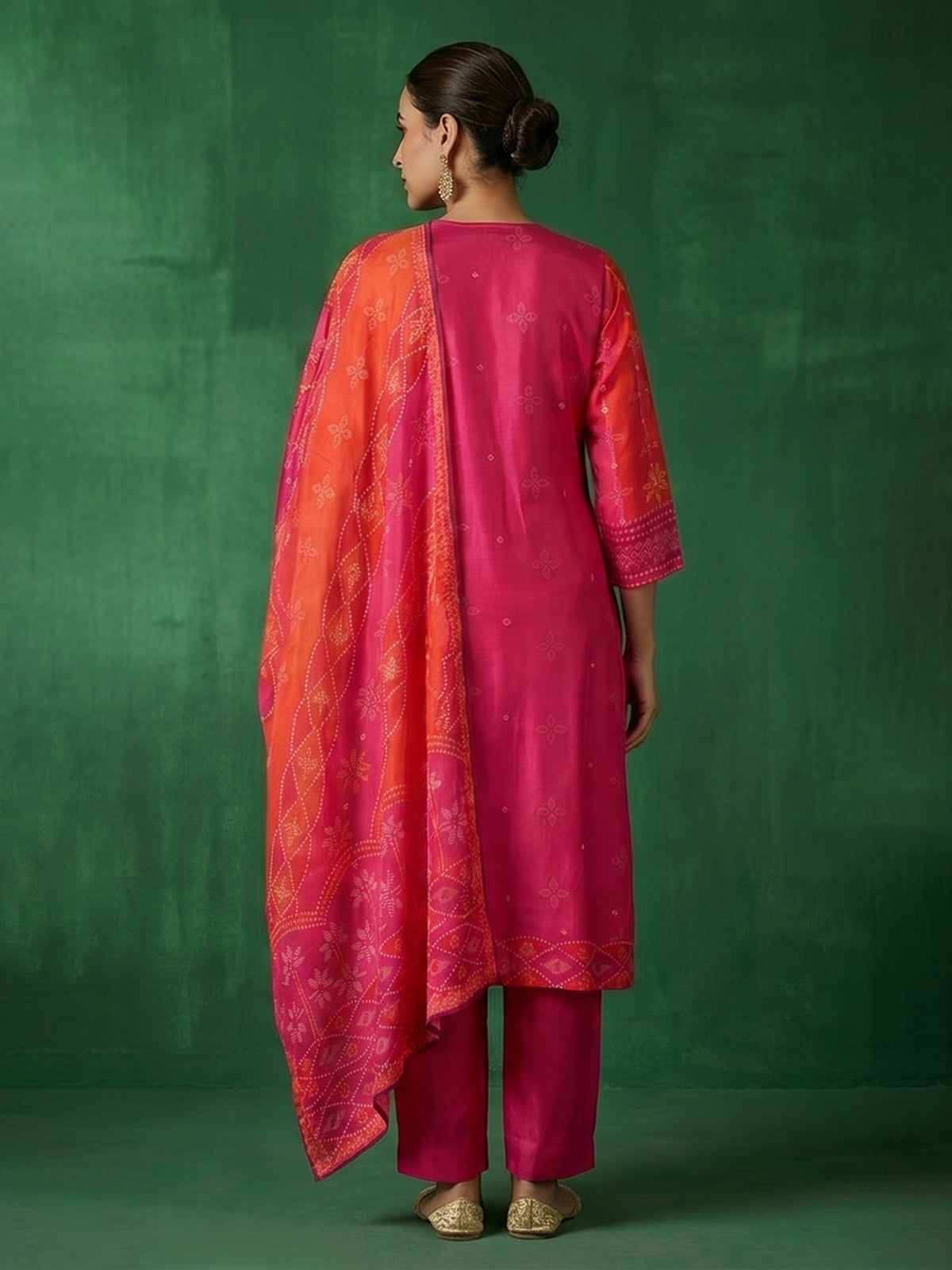Rani pink silk elegant yoke kurti set with dupatta