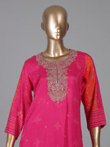 Rani pink silk elegant yoke kurti set with dupatta