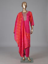 Rani pink silk elegant yoke kurti set with dupatta