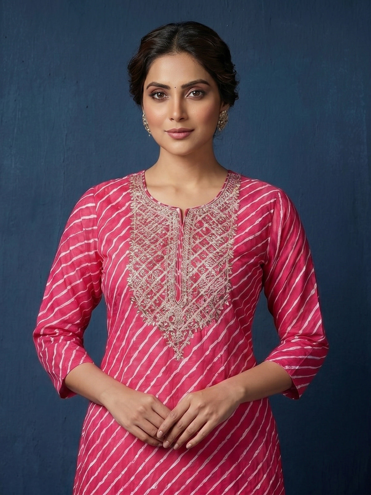 Rani pink silk festive yoke style kurti set