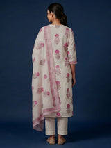 Cream and pink cotton graceful floral kurti set with dupatta set