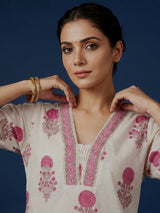 Cream and pink cotton graceful floral kurti set with dupatta set