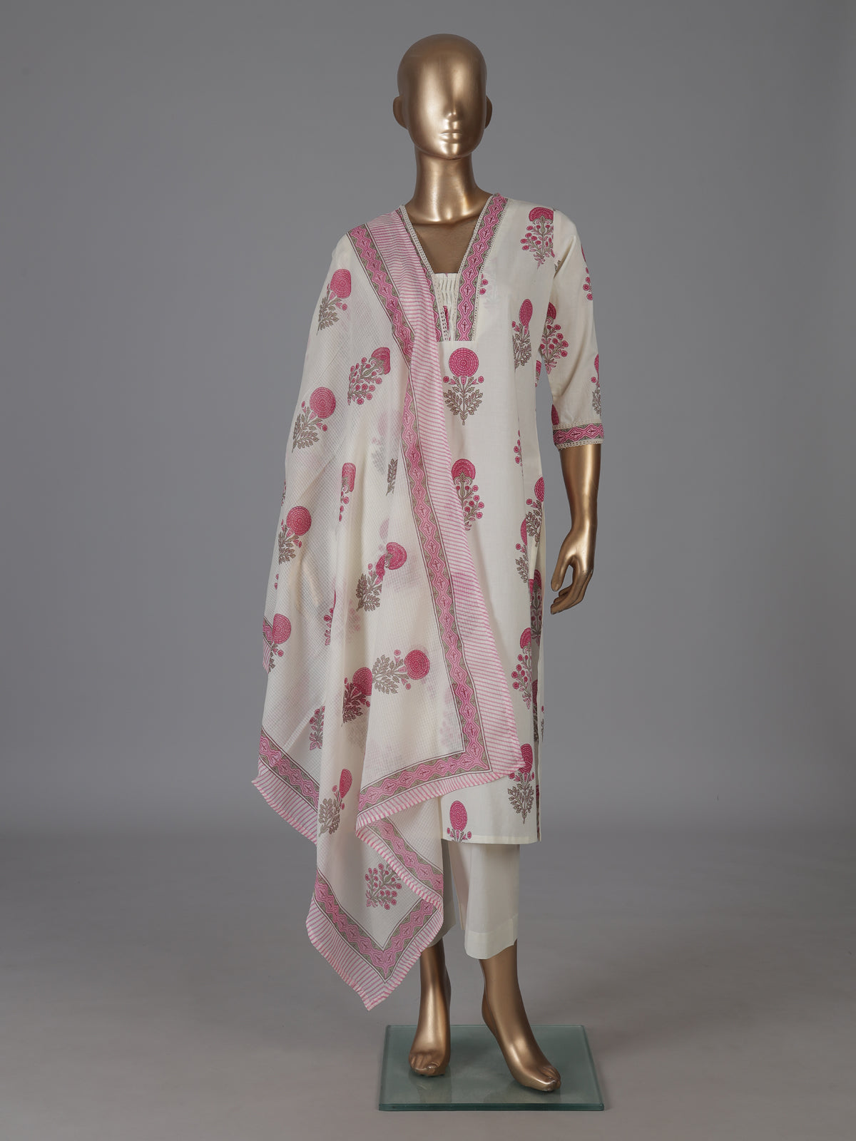 Cream and pink cotton graceful floral kurti set with dupatta set