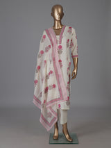 Cream and pink cotton graceful floral kurti set with dupatta set