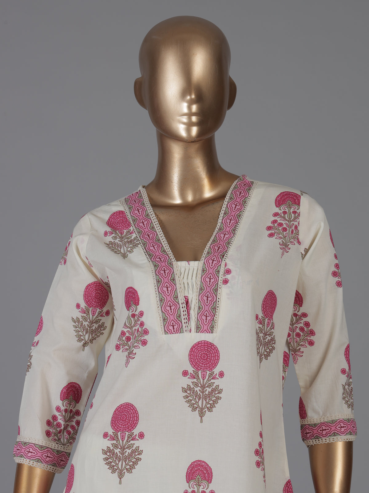 Cream and pink cotton graceful floral kurti set with dupatta set