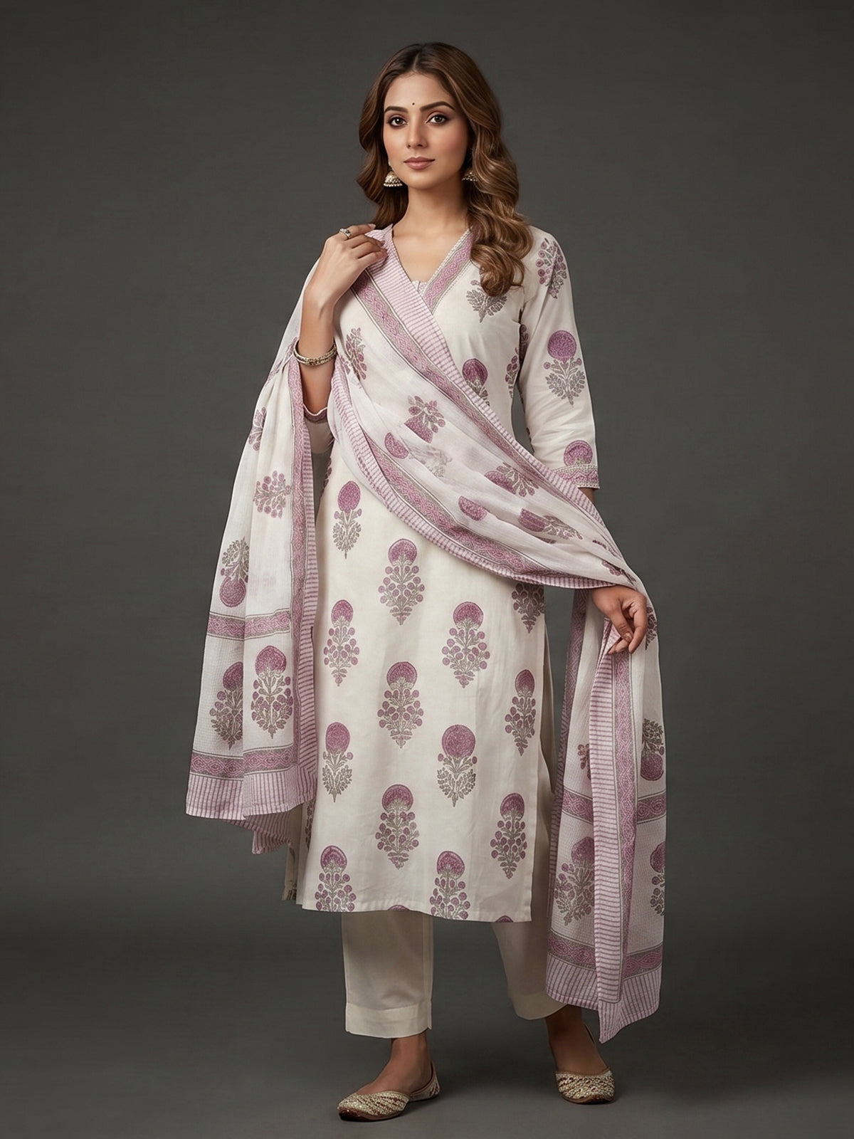 Cream and purple cotton soft floral kurti set with dupatta set